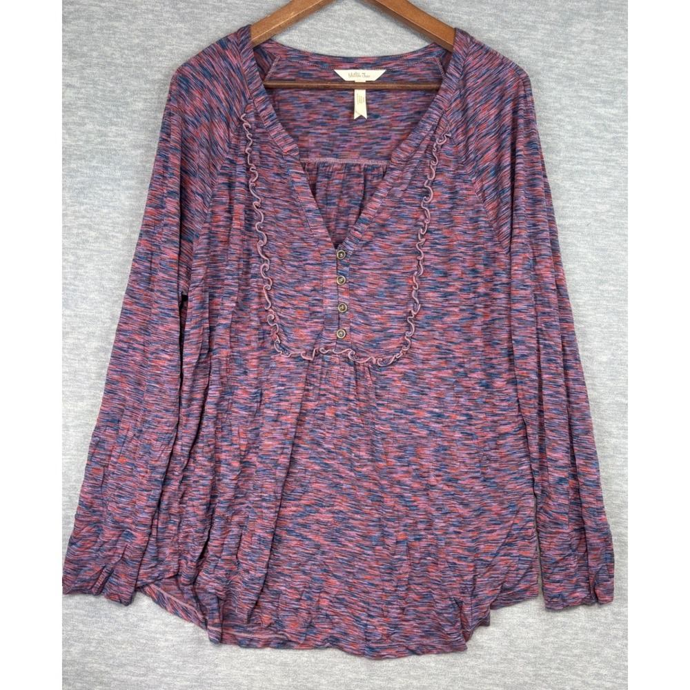 Matilda Jane Women XL Space Dye Henley Ruffle Long Sleeve Top Purple Blue Coral